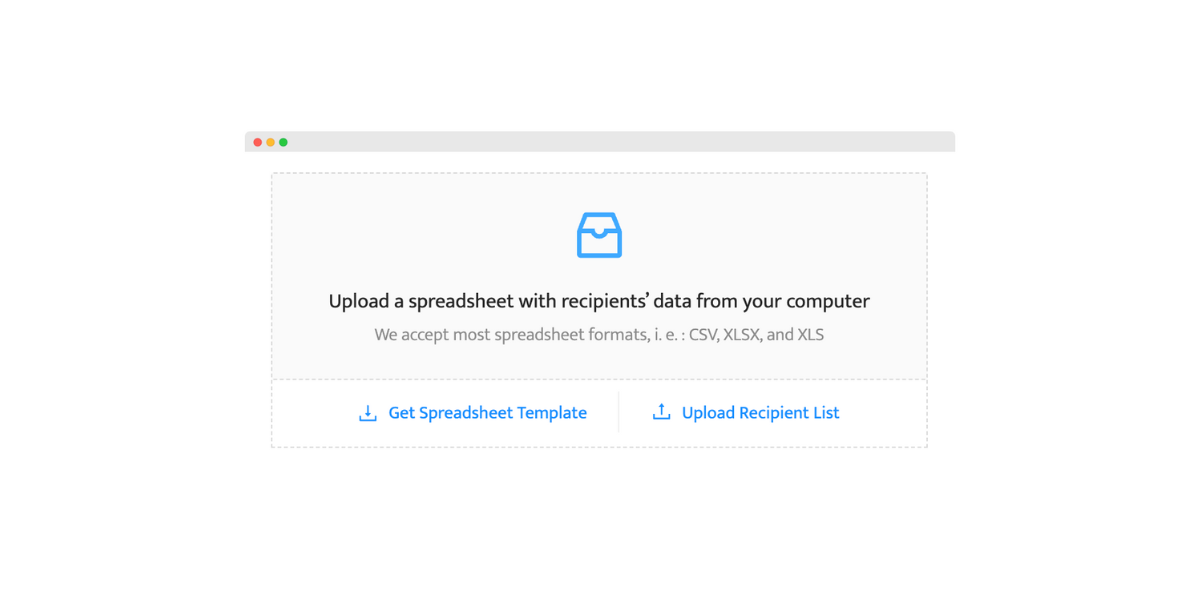 Uploading the spreadsheet with recipients' data. Uploading the spreadsheet with recipients' data.