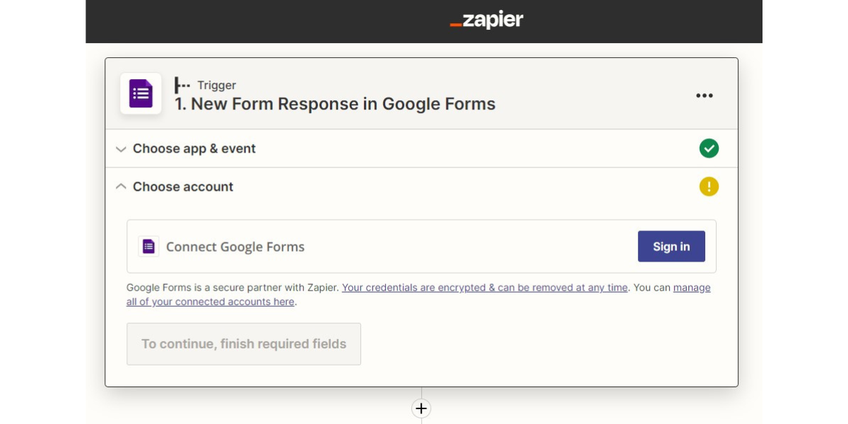 Choosing Google Forms account to integrate it with Certifier via Zapier. Choosing Google Forms account to integrate it with Certifier via Zapier.
