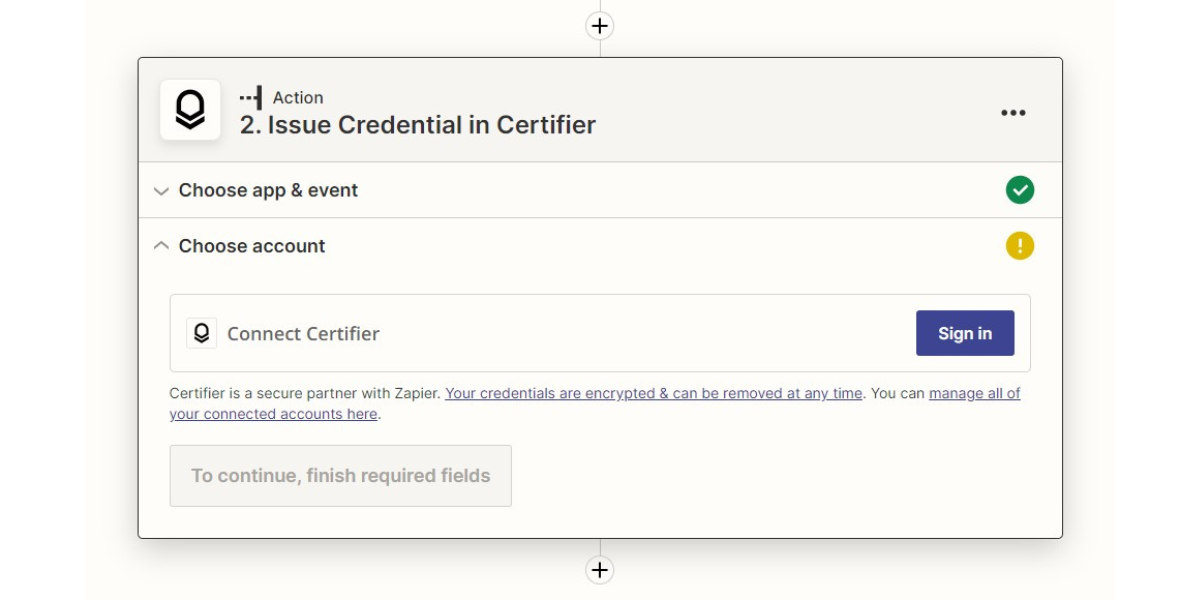 Choosing the Certifier account in Zapier. Choosing the Certifier account in Zapier.