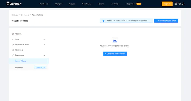 Generating the Access Token in Certifier to integrate the tool with Zapier. Generating the Access Token in Certifier to integrate the tool with Zapier.