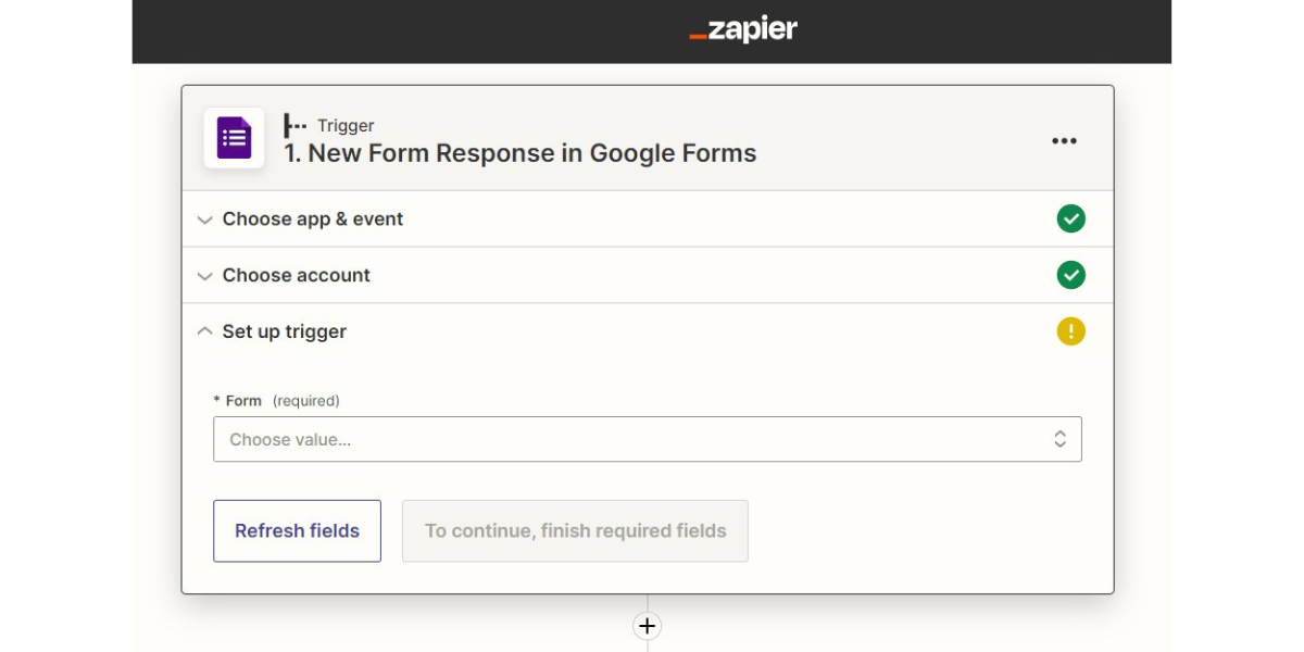 Setting up a trigger and running a test in Zapier to generate Google Forms certificates. Setting up a trigger and running a test in Zapier to generate Google Forms certificates.