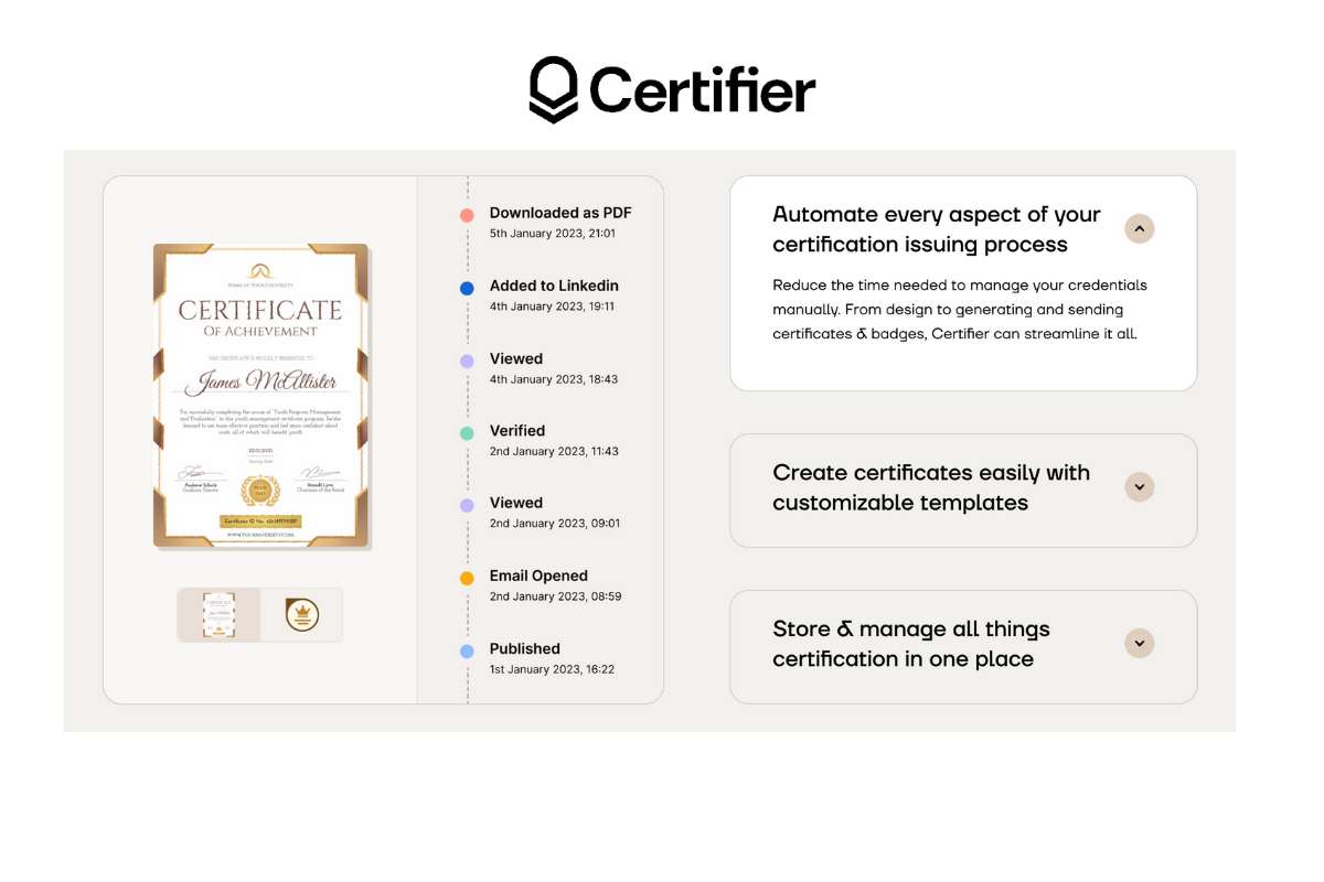 Best features of Certifier certificate generator for creating certificates after passing the quizz. Best features of Certifier certificate generator for creating certificates after passing the quizz.