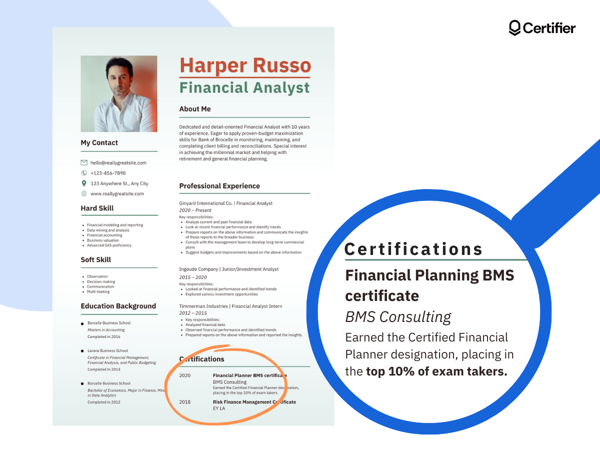 Add resume certifications in a seperate section. Add resume certifications in a seperate section.