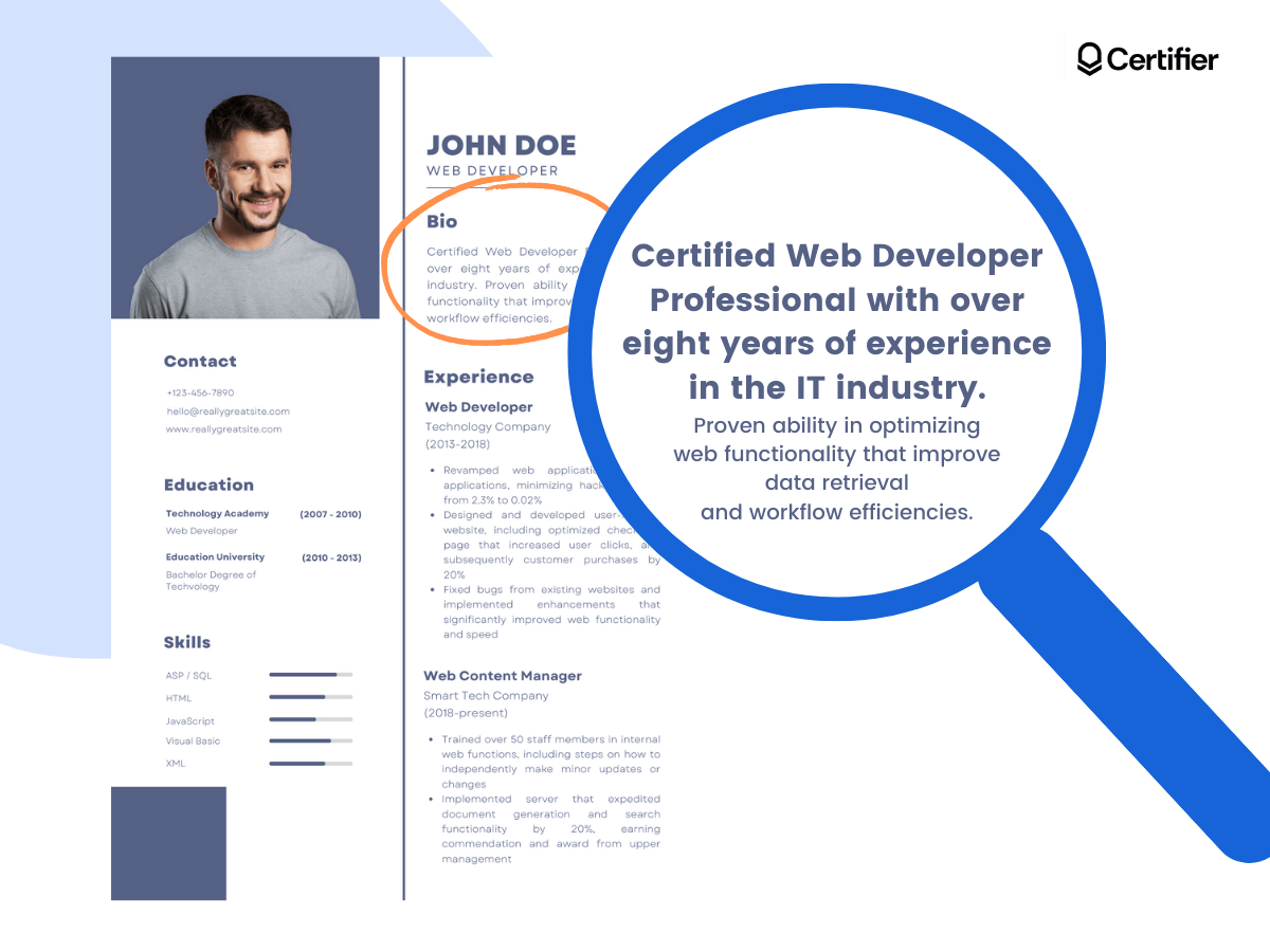 Put certification on resume in a short bio summary. Put certification on resume in a short bio summary.