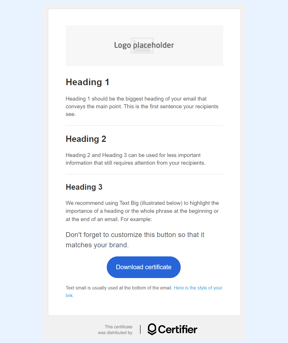 Email template as a certification software feature. Email template as a certification software feature.