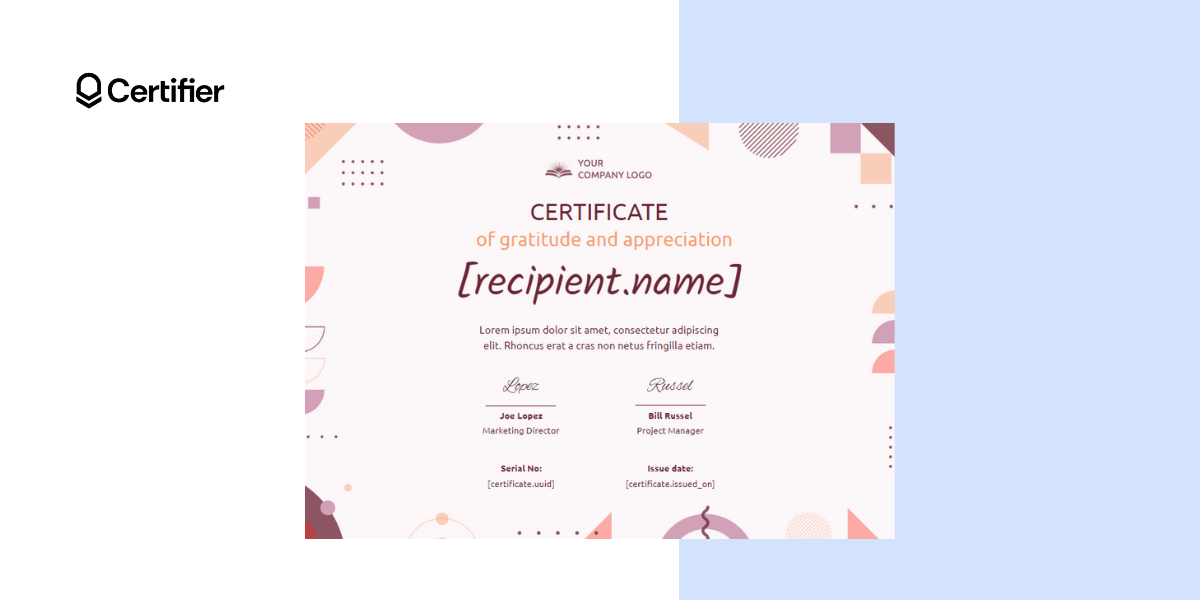 Certificate of gratitude template with modern graphic elements. Certificate of gratitude template with modern graphic elements.