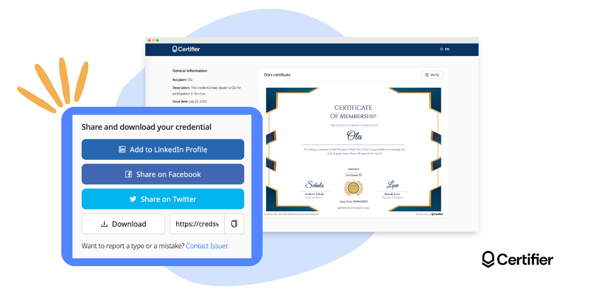Sharing social media certificates via Certifier. Sharing social media certificates via Certifier.