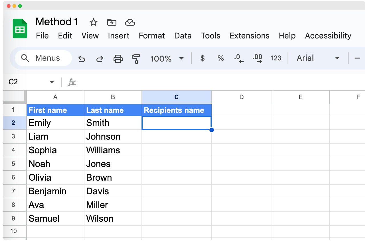 Choosing an empty cell to start with & operator method to combine first and last name in Google Sheets. Choosing an empty cell to start with & operator method to combine first and last name in Google Sheets.