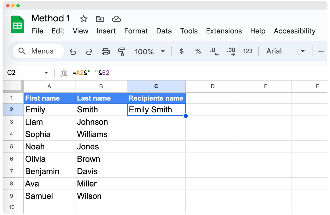 Result of & operator formula to combine first and last name in Google Sheets. Result of & operator formula to combine first and last name in Google Sheets.