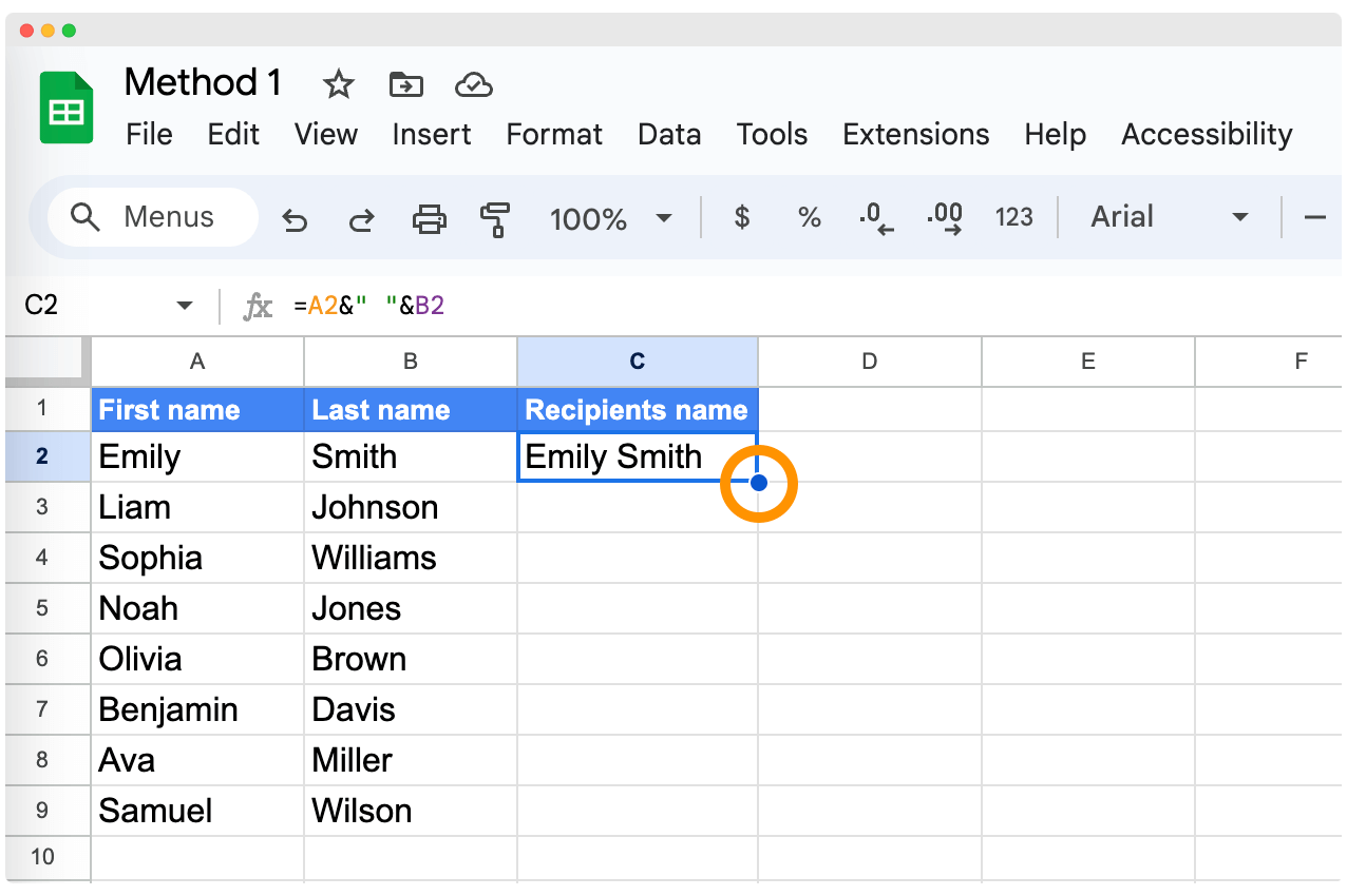 Extending the formula of & operator method to combine first and last name in Google Sheets. Extending the formula of & operator method to combine first and last name in Google Sheets.