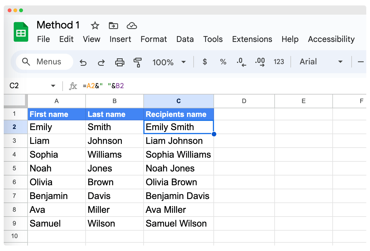 Result of the & operator method to combine first and last name in Google Sheets Result of the & operator method to combine first and last name in Google Sheets