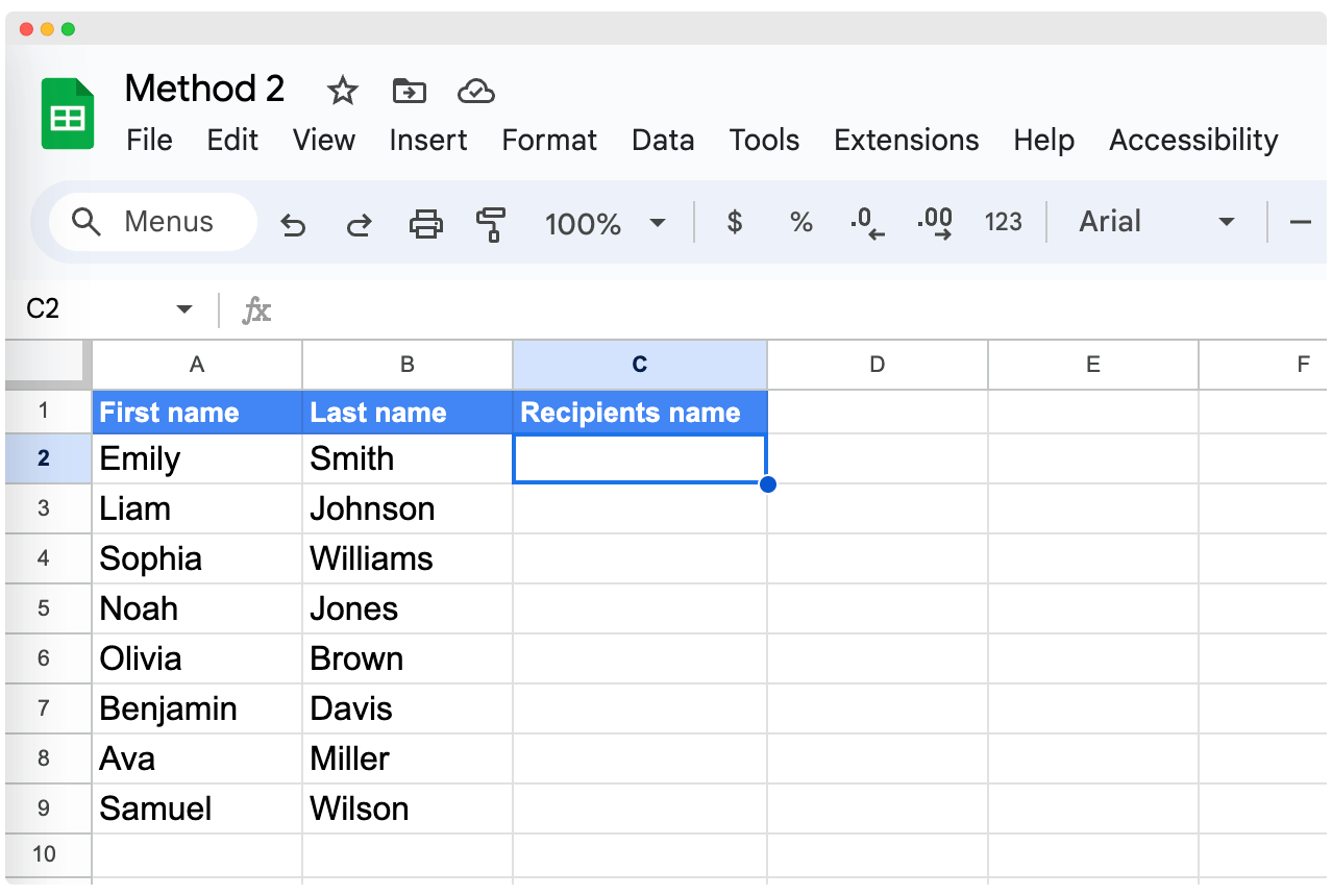 Selecting an empty cell to enter the CONCATENATE funtion to combine first and last name in Google Sheets. Selecting an empty cell to enter the CONCATENATE funtion to combine first and last name in Google Sheets.