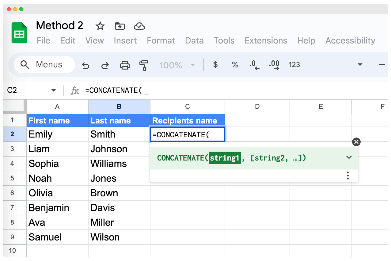 Entering the CONCATENATE formula to combine first and last name in Google Sheets. Entering the CONCATENATE formula to combine first and last name in Google Sheets.