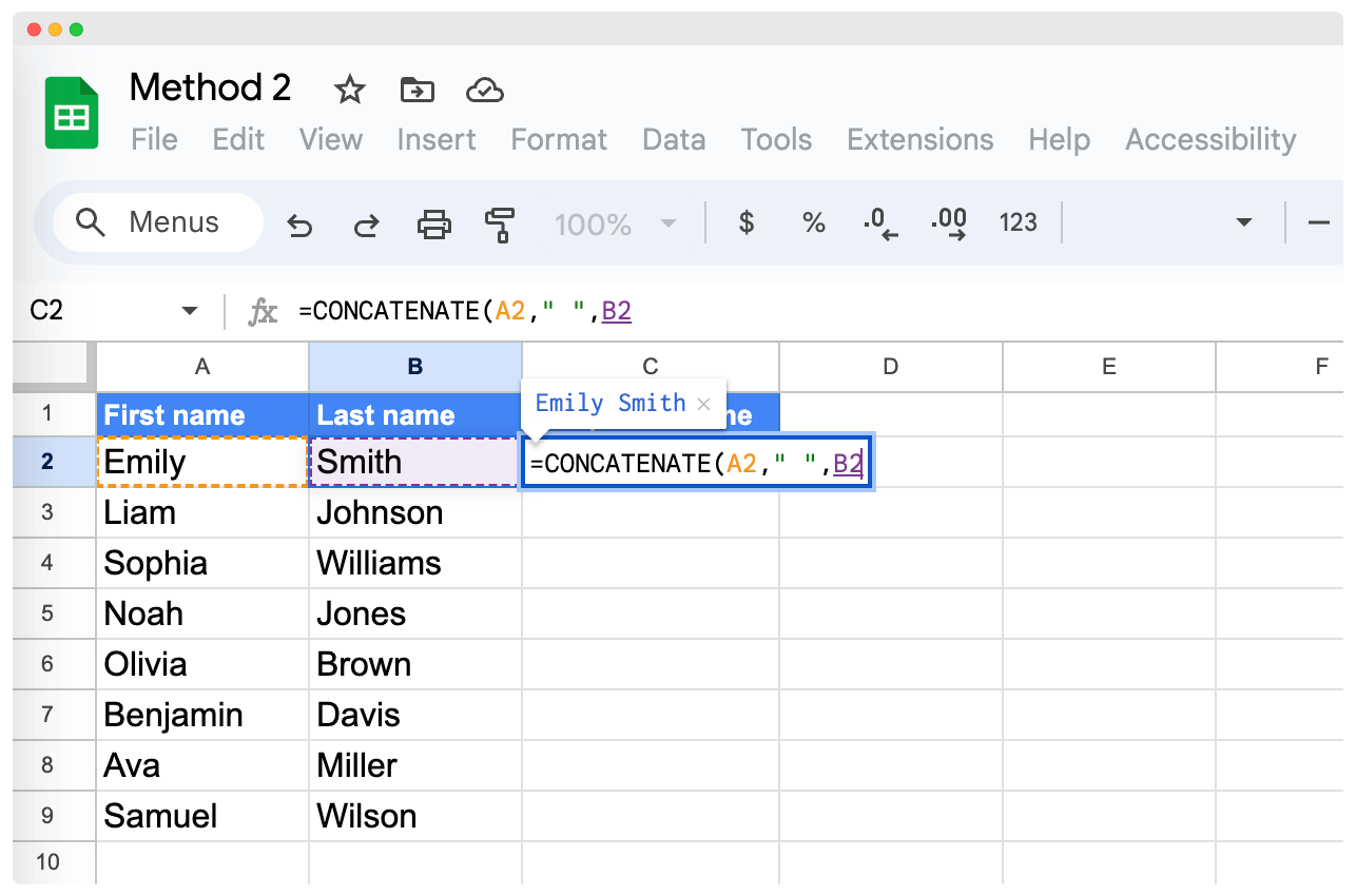 CONCATENATE formula to combine first and last name in Google Sheets. CONCATENATE formula to combine first and last name in Google Sheets.