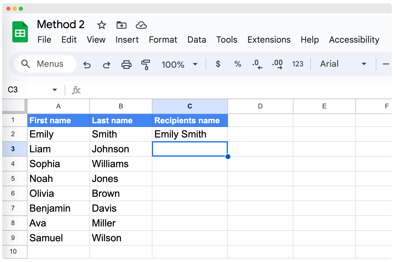 Pressing enter to see how the CONCATENATE funtion works and combines first and last name in Google Sheets. Pressing enter to see how the CONCATENATE funtion works and combines first and last name in Google Sheets.