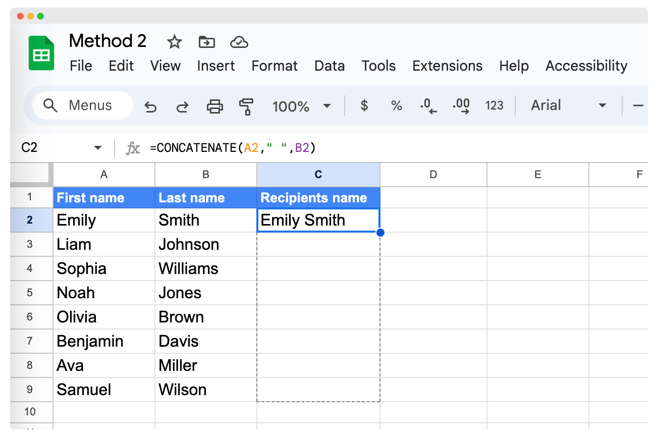 Dragging the CONCATENATE formula down to combine first and last name in Google Sheets. Dragging the CONCATENATE formula down to combine first and last name in Google Sheets.