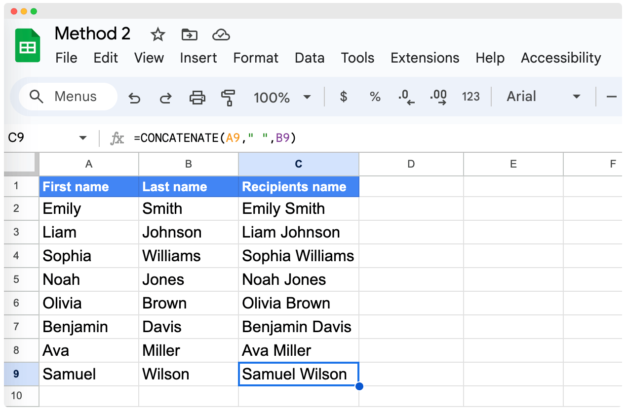 The result of CONCATENATE funtion to combine first and last name in Google Sheets. The result of CONCATENATE funtion to combine first and last name in Google Sheets.