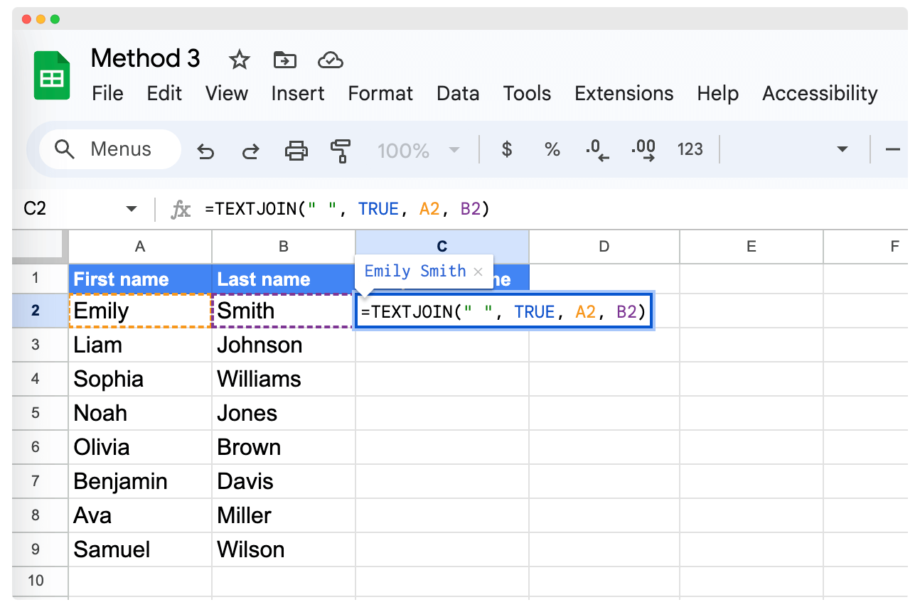 The TEXTJOIN formula to combine first and last name in Google Sheets. The TEXTJOIN formula to combine first and last name in Google Sheets.