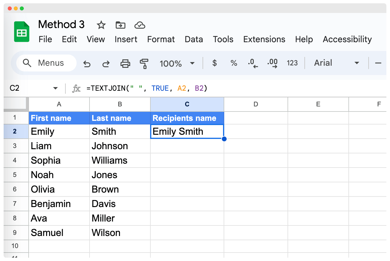 Entering the TEXTJOIN formula to combine first and last name in Google Sheets. Entering the TEXTJOIN formula to combine first and last name in Google Sheets.