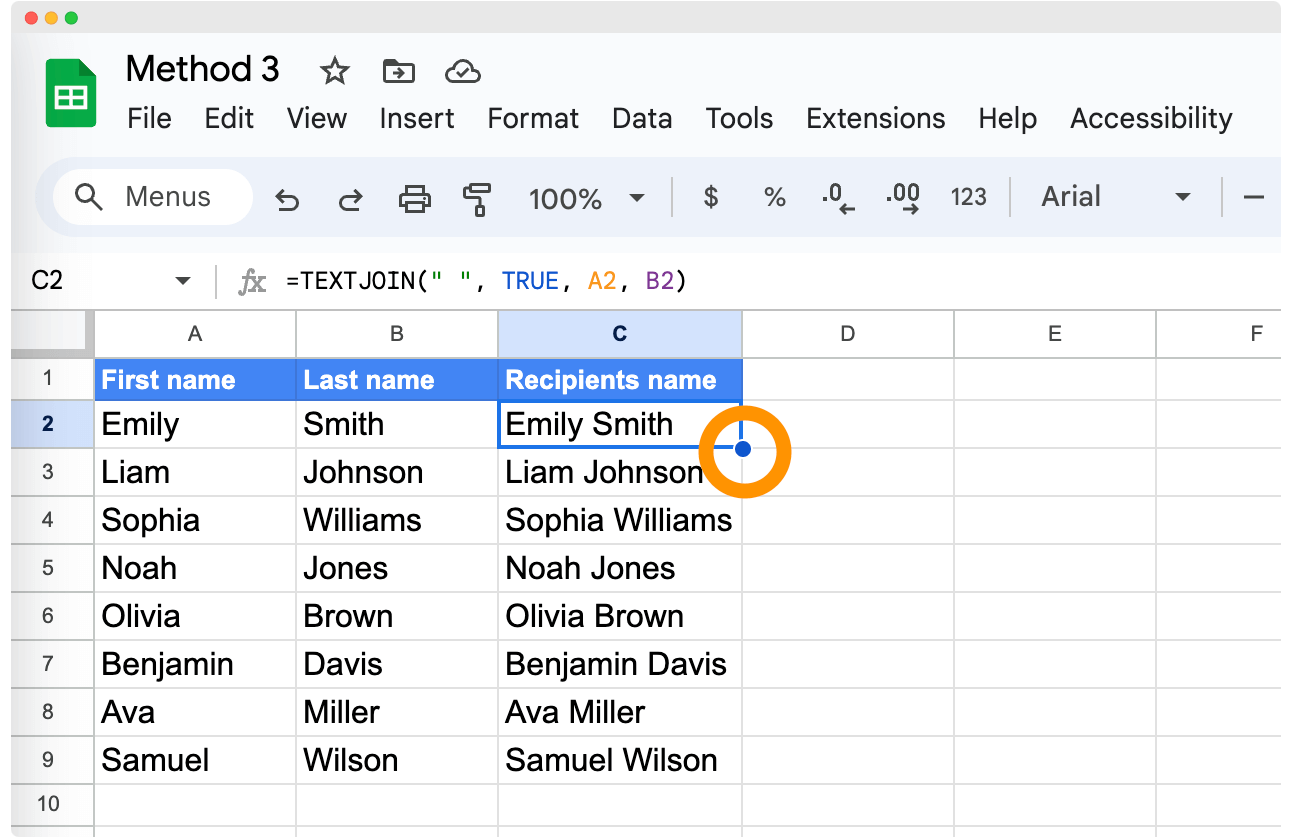Extending the TEXTJOIN formula through cells to combine first and last name in Google Sheets. Extending the TEXTJOIN formula through cells to combine first and last name in Google Sheets.