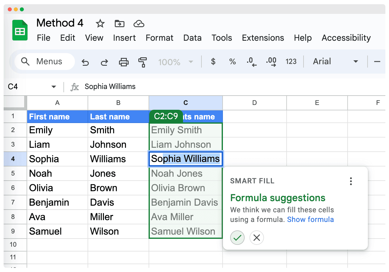 Google Sheets Smart Fill feature to combine first and last name in Google Sheets. Google Sheets Smart Fill feature to combine first and last name in Google Sheets.