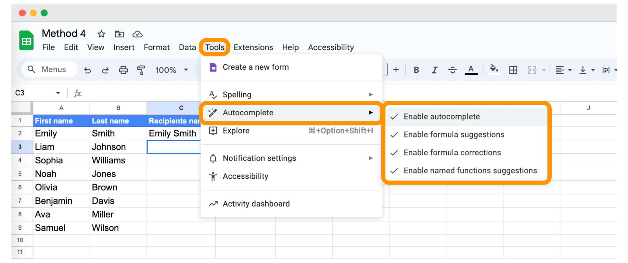 Enabling Google Sheets Smart Fill feature to combine first and last name in Google Sheets. Enabling Google Sheets Smart Fill feature to combine first and last name in Google Sheets.