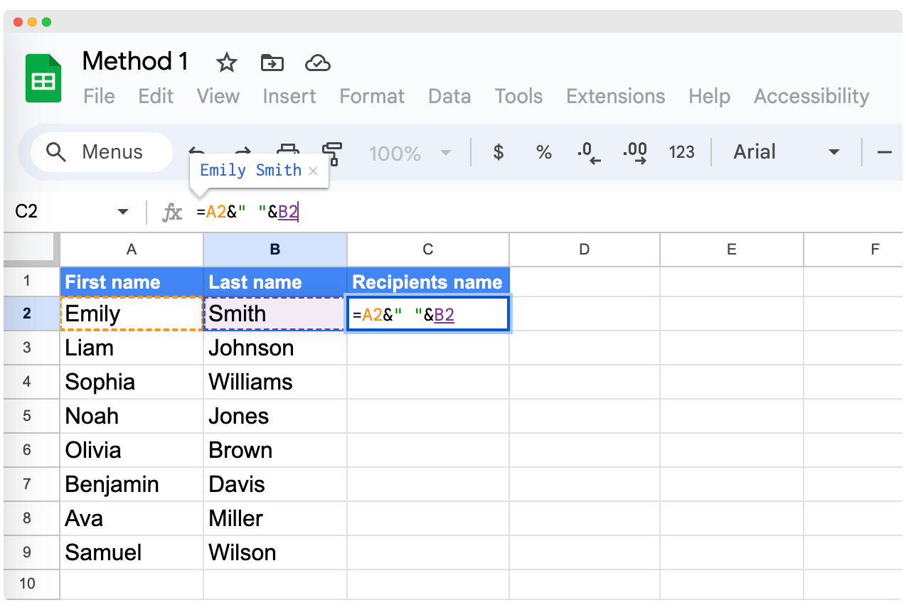 Typing the formula of the & operator method to combine first and last name in Google Sheets. Typing the formula of the & operator method to combine first and last name in Google Sheets.