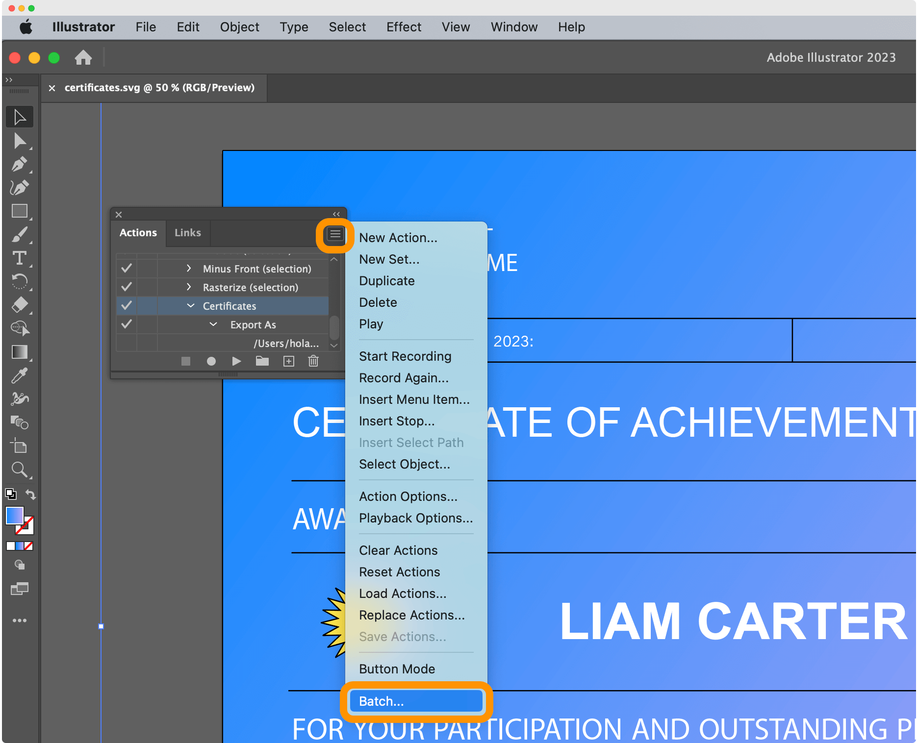 Setting up the batch option to change recipients names. Setting up the batch option to change recipients names.