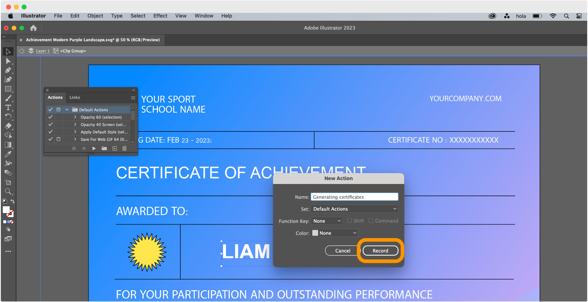 Recording the action in Adobe Illustrator. Recording the action in Adobe Illustrator.