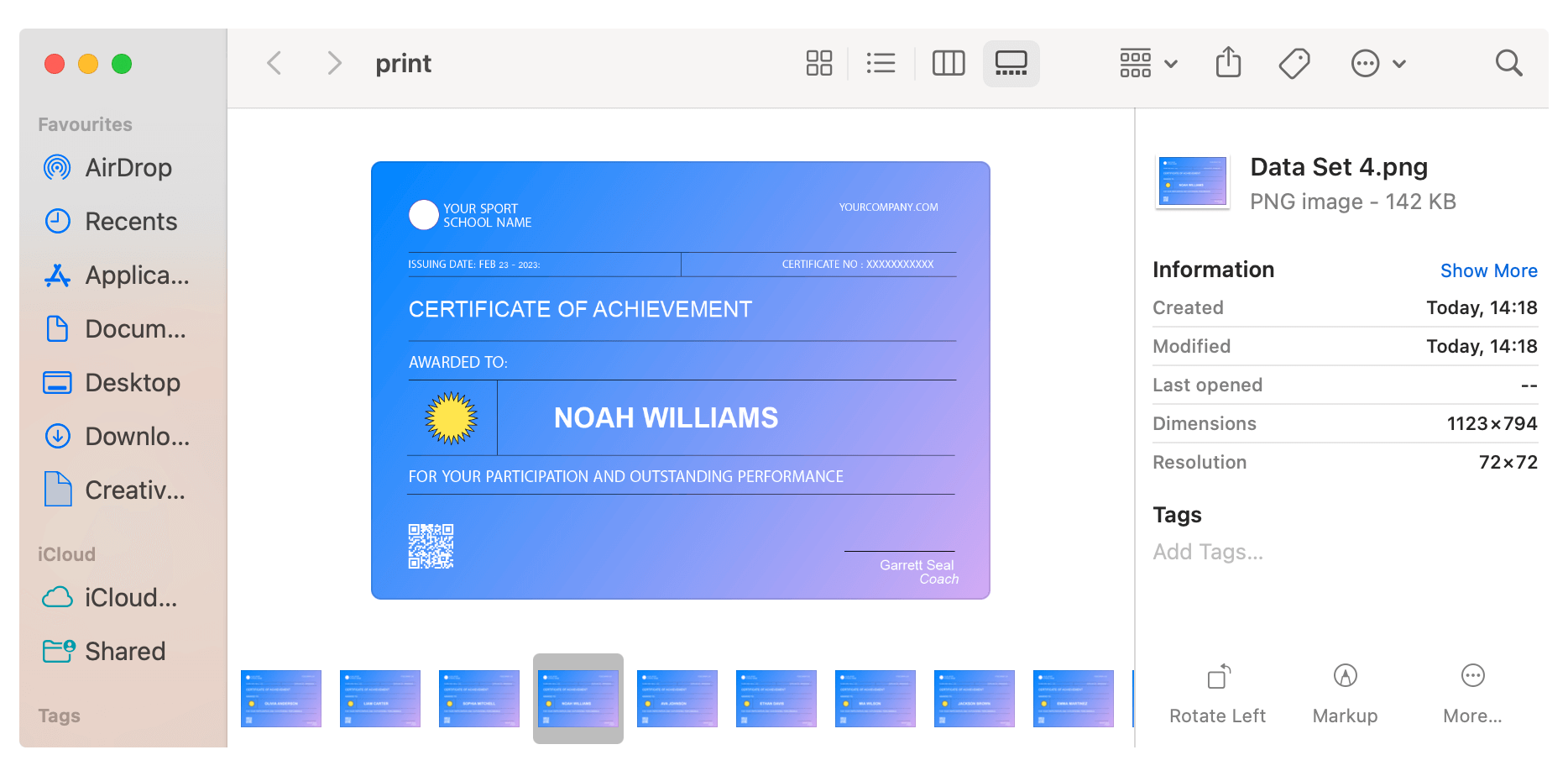The file with generated certificates in Adobe Illustrator. The file with generated certificates in Adobe Illustrator.