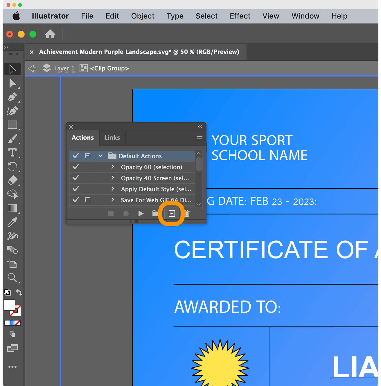 Recording new action in Adobe Illustrator to generate certificates in bulk. Recording new action in Adobe Illustrator to generate certificates in bulk.