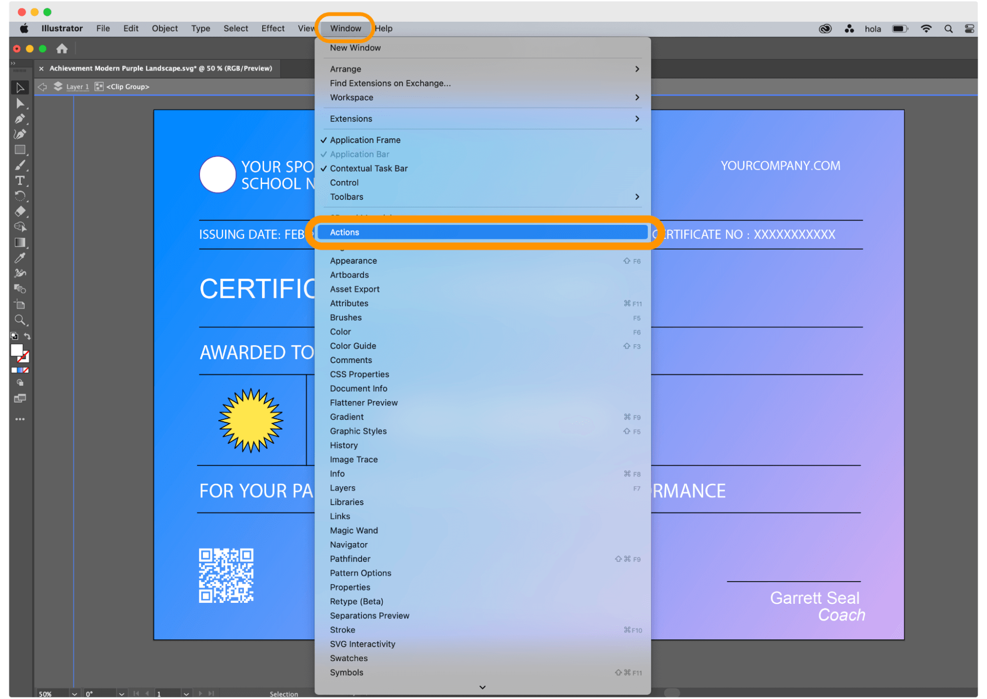 Choosing actions from the menu in Adobe Illustrator. Choosing actions from the menu in Adobe Illustrator.