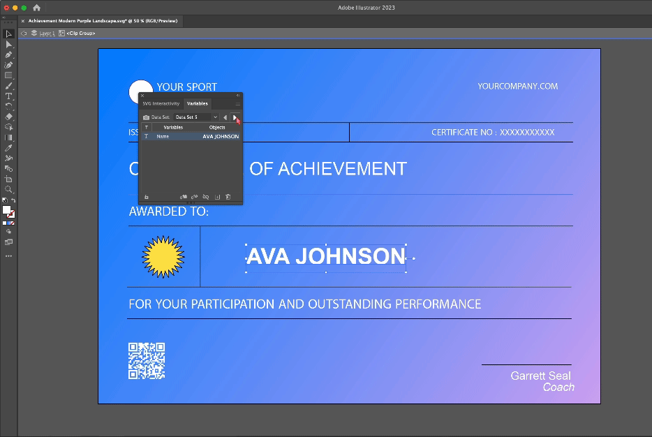 Setting variables to change the recipients name automatically in Adobe Illustrator. Setting variables to change the recipients name automatically in Adobe Illustrator.
