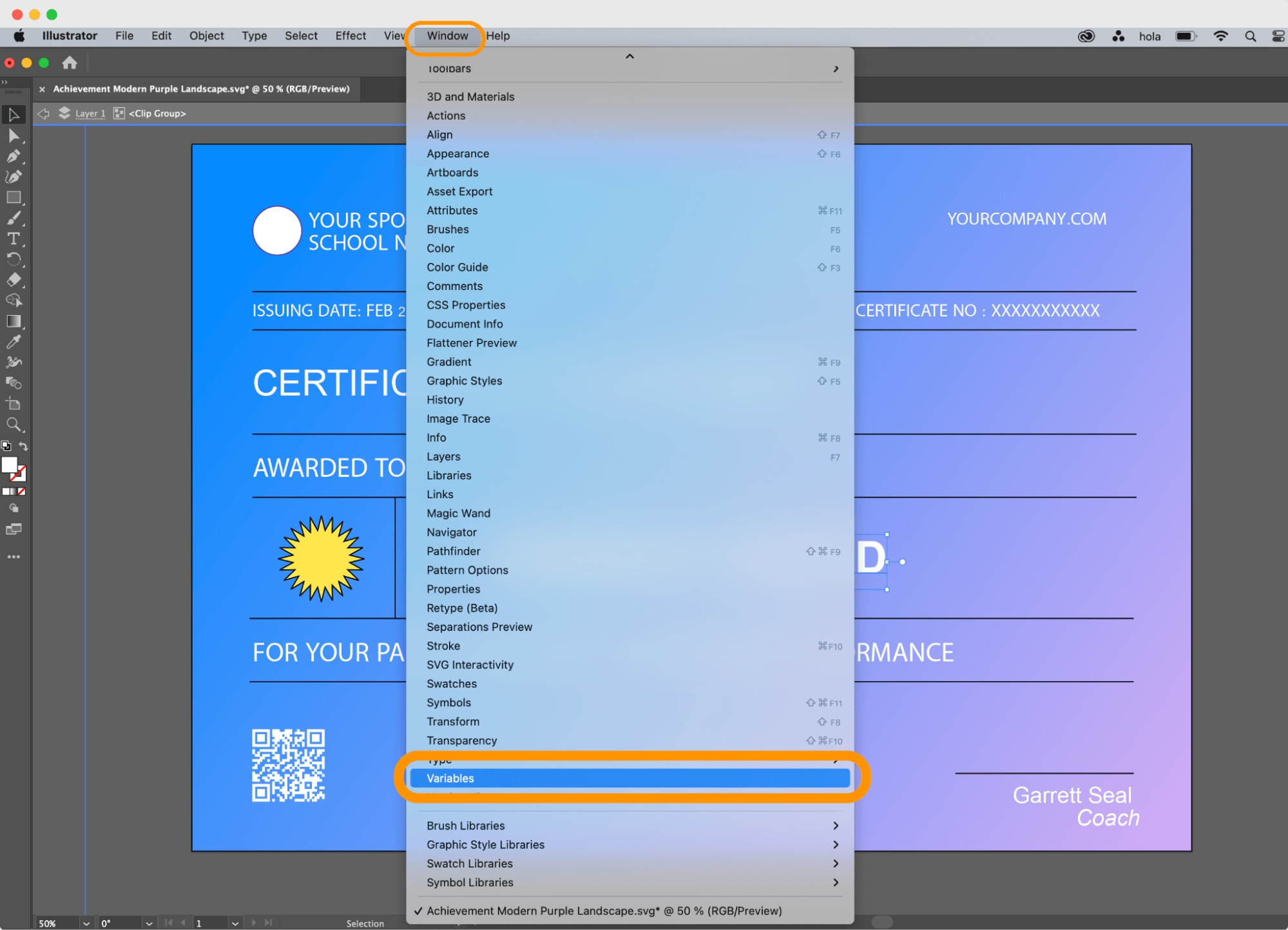 Choosing variables from menu in Adobe Illustrator. Choosing variables from menu in Adobe Illustrator.