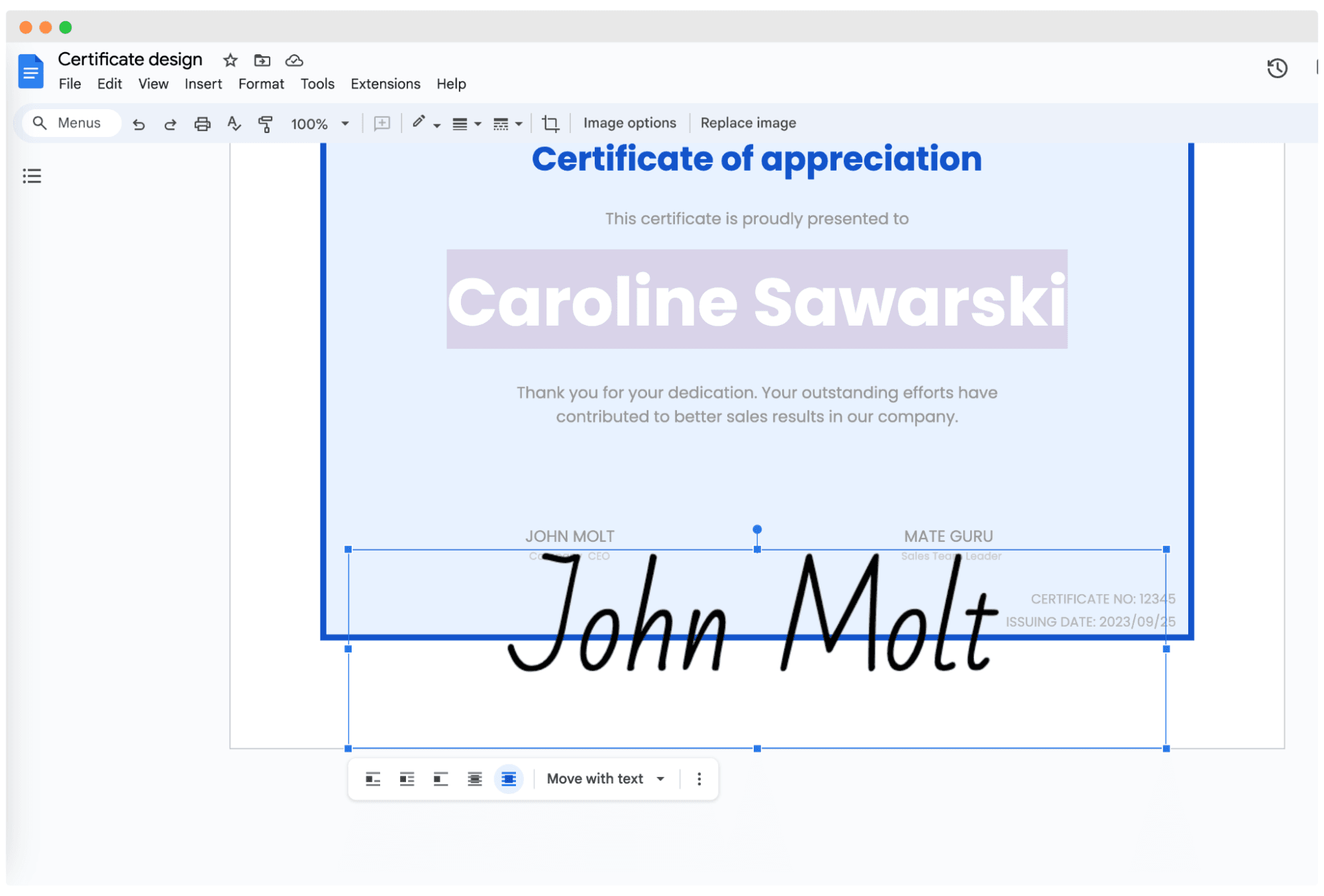 Adding the signature on certificate as image in Google Docs. Adding the signature on certificate as image in Google Docs.