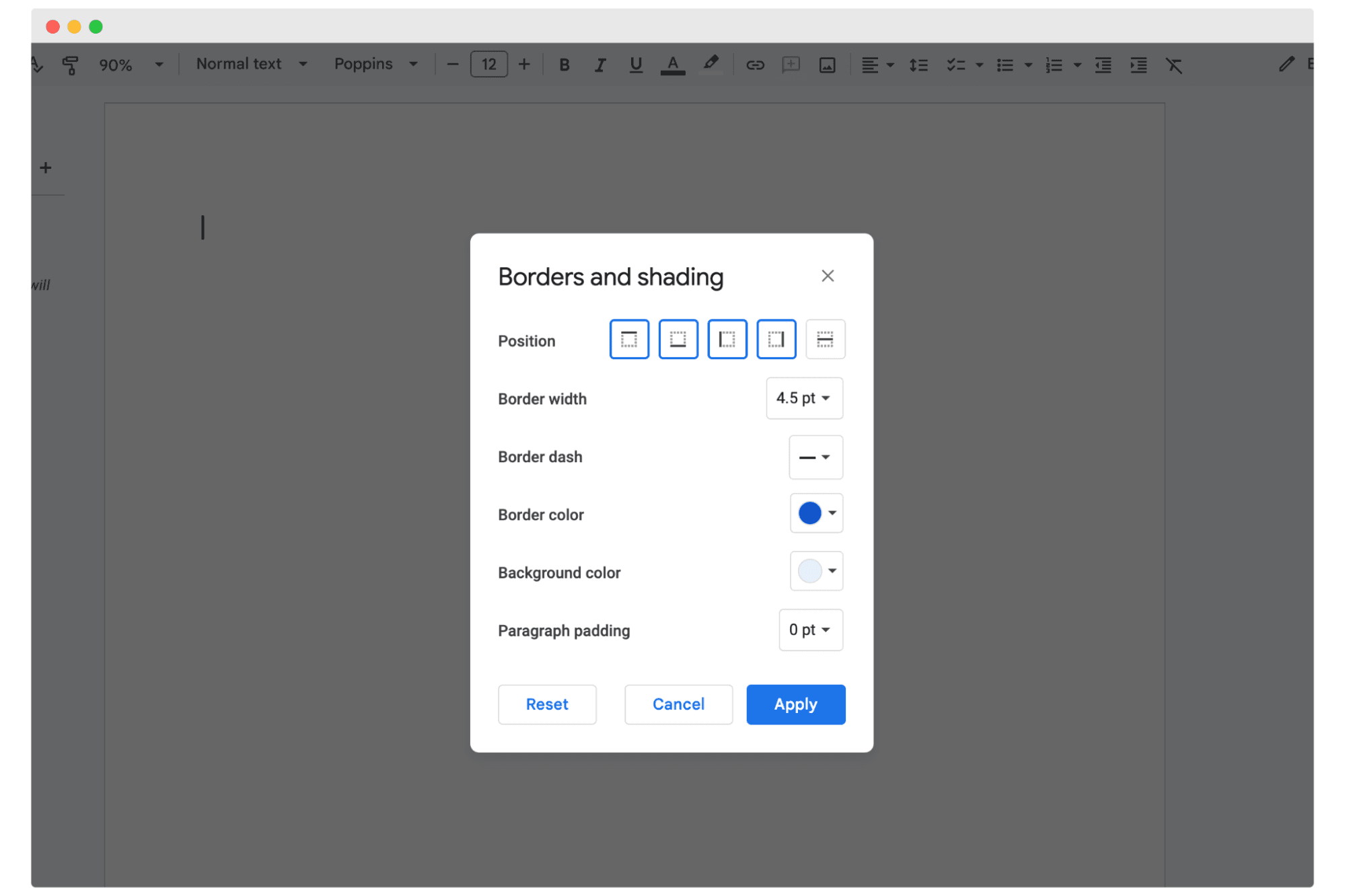 Borders and shading window in Google Docs. Borders and shading window in Google Docs.