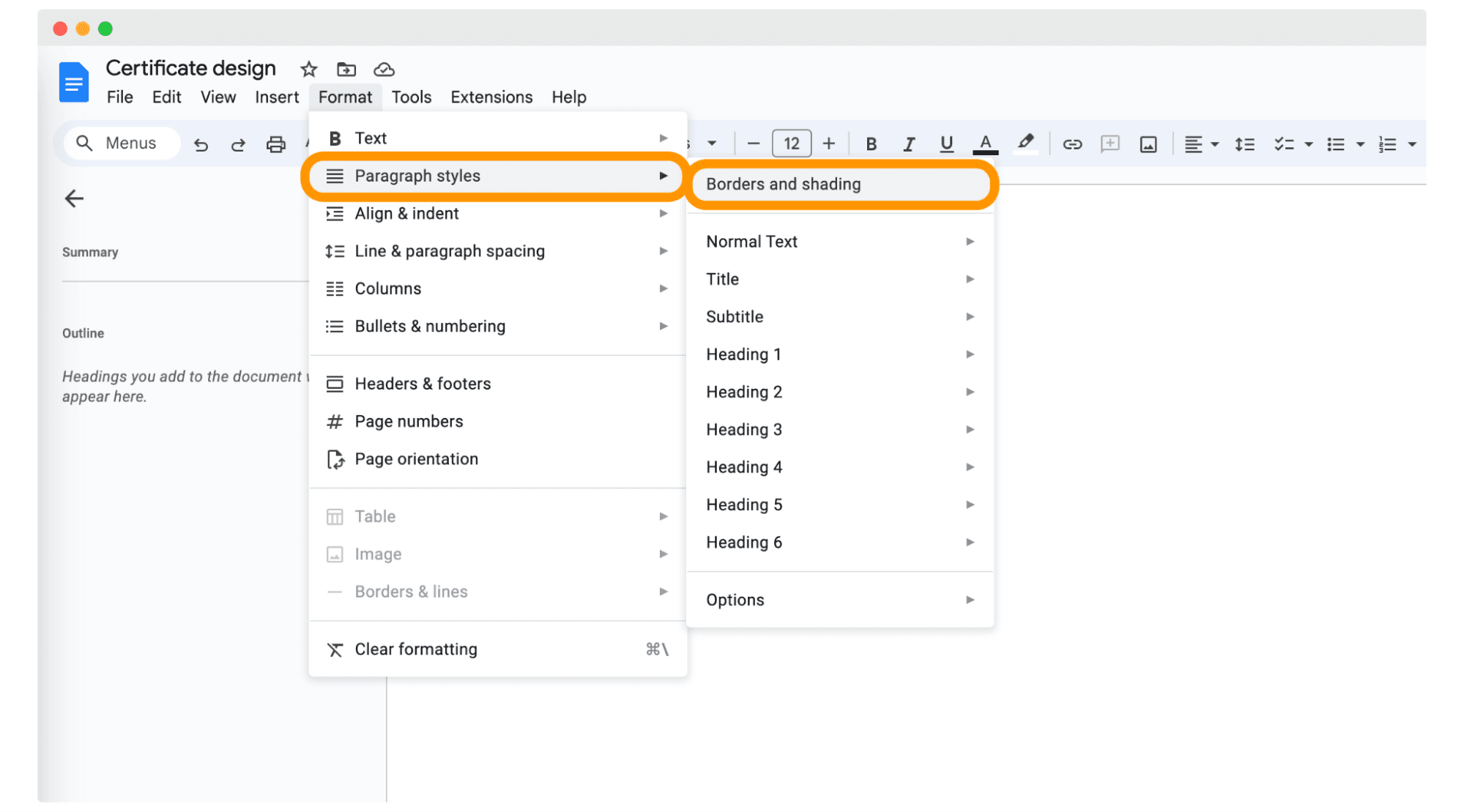 Choosing options to create certificate borders in Google Docs. Choosing options to create certificate borders in Google Docs.