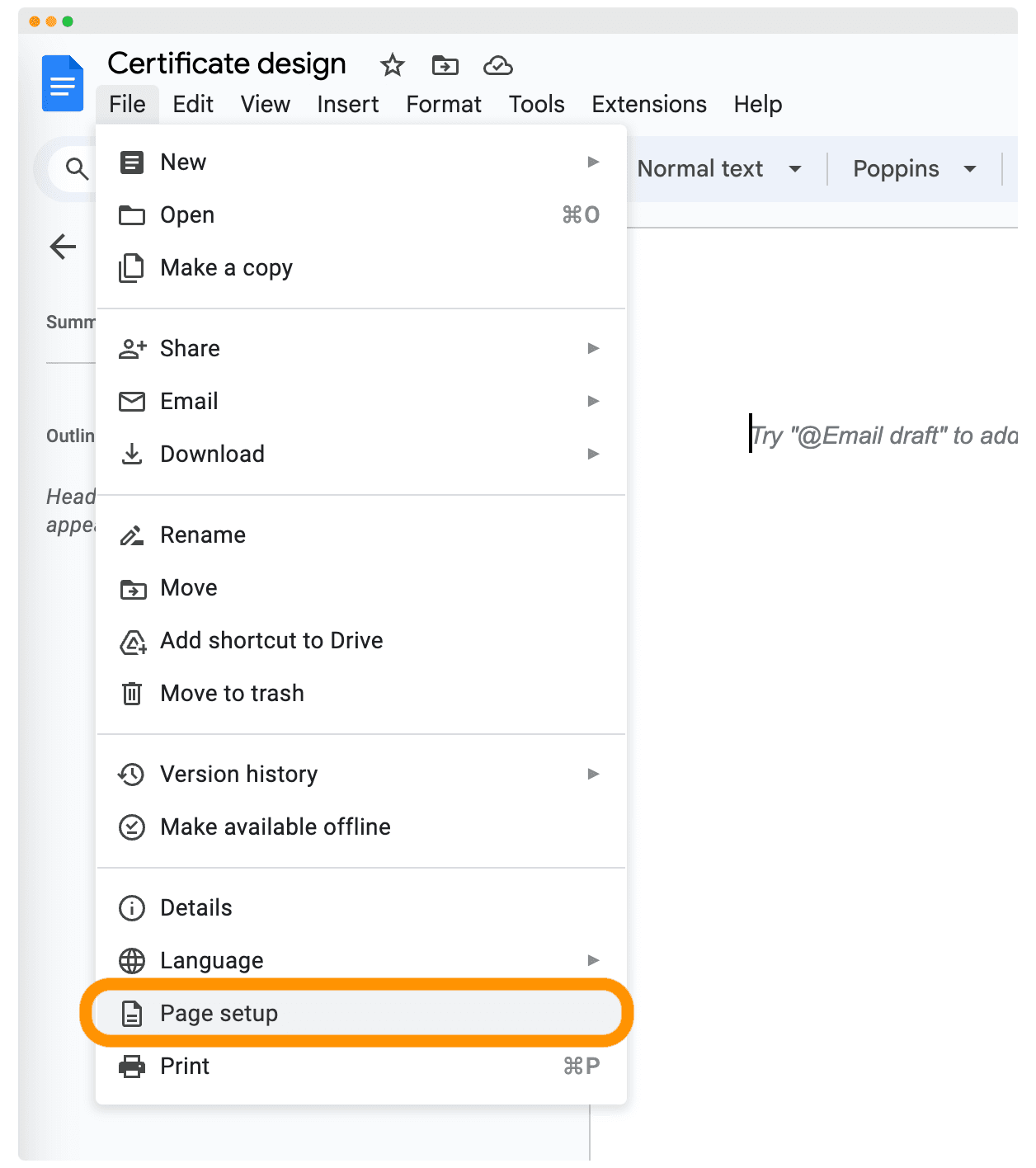 Choosing the page setup window. Choosing the page setup window.