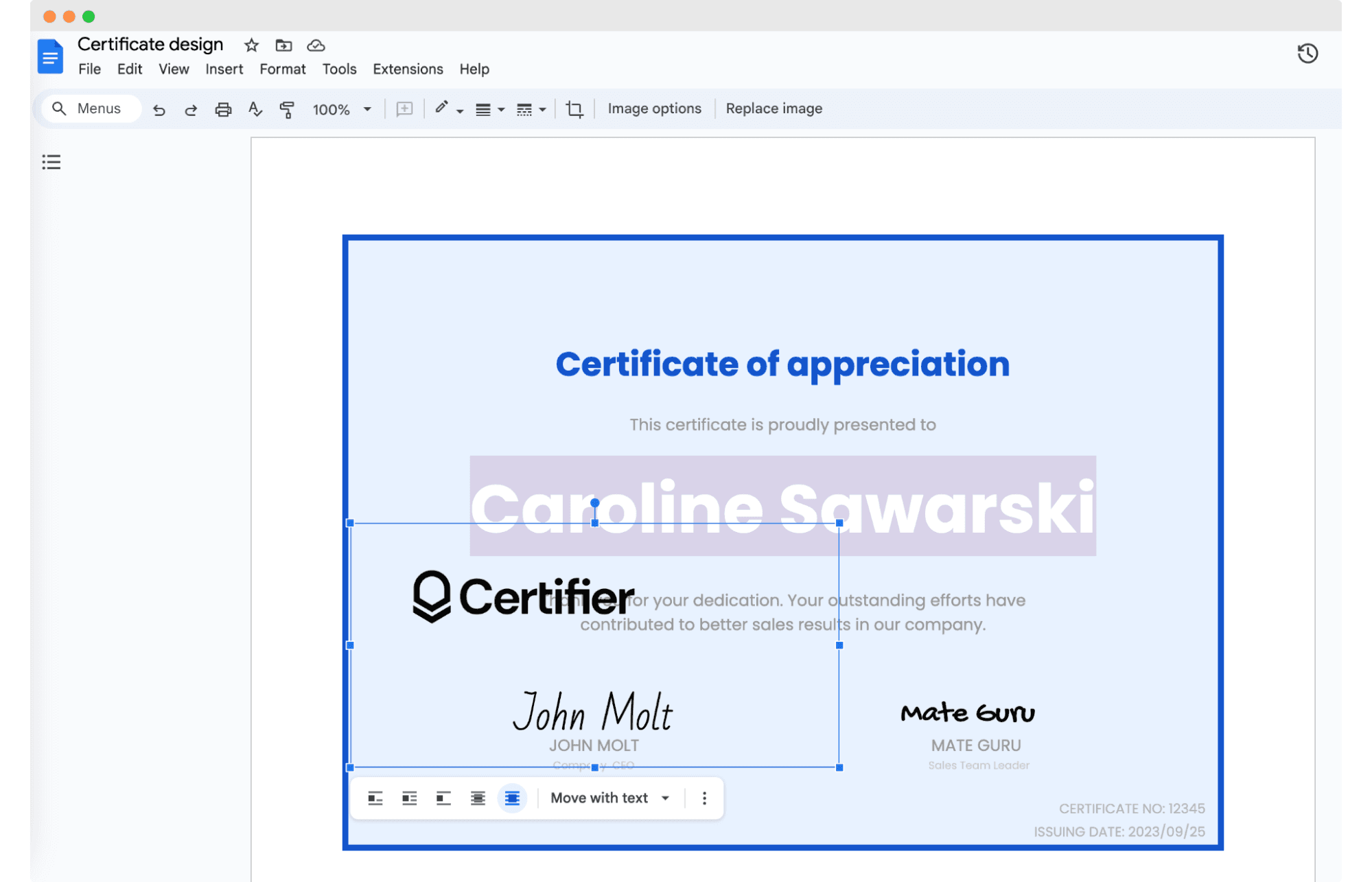 Positioning the certificate signature in Google Docs. Positioning the certificate signature in Google Docs.