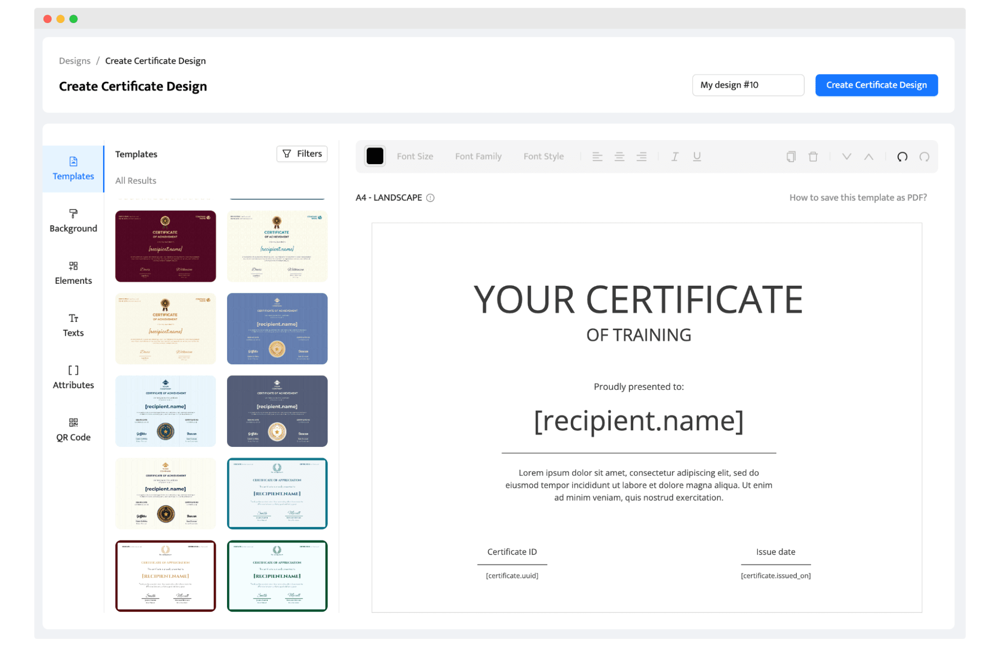 Blank certificate template in Certifier dashboard to create your own training certificate template. Blank certificate template in Certifier dashboard to create your own training certificate template.