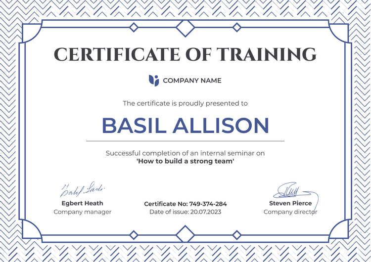 Training Simple and framed certificate of training template