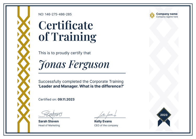 Training Formal and exceptional training certificate template