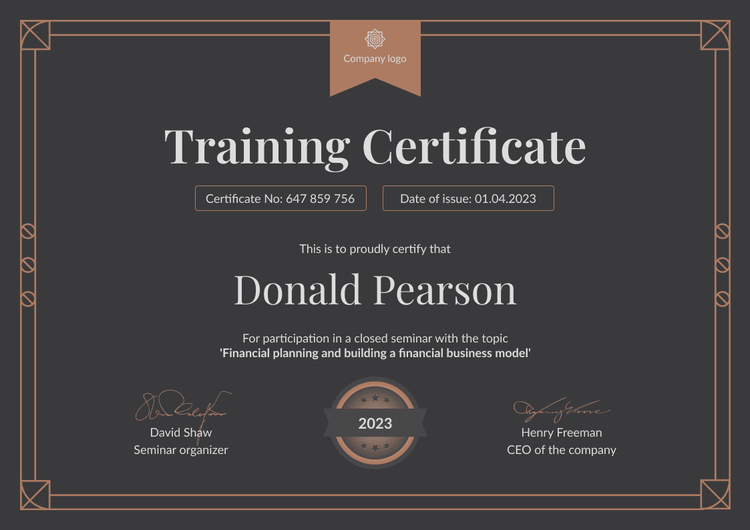 Training Professional and dark certificate of training template