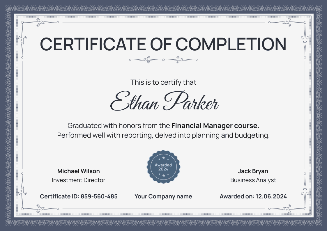 Traditional and formal completion certificate template