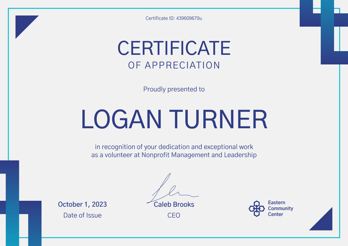 Geometric and professional nonprofit appreciation certificate template