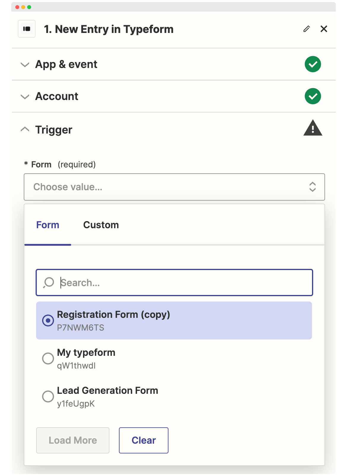 Setting up Trigger details in Zapier to connect Typeform surveys. Setting up Trigger details in Zapier to connect Typeform surveys.