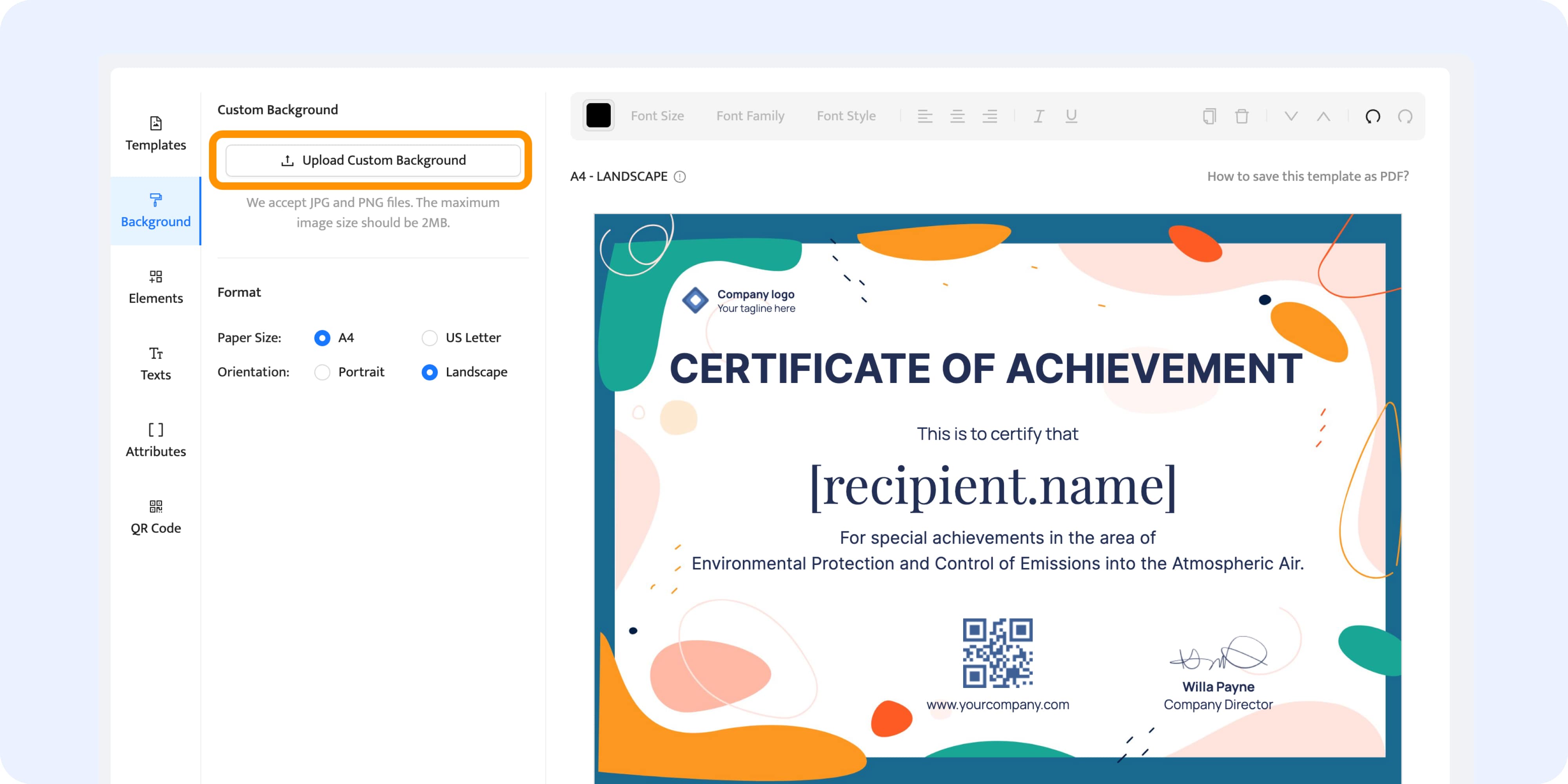 Uploading custom background to the Certifier certificate designer. Uploading custom background to the Certifier certificate designer.