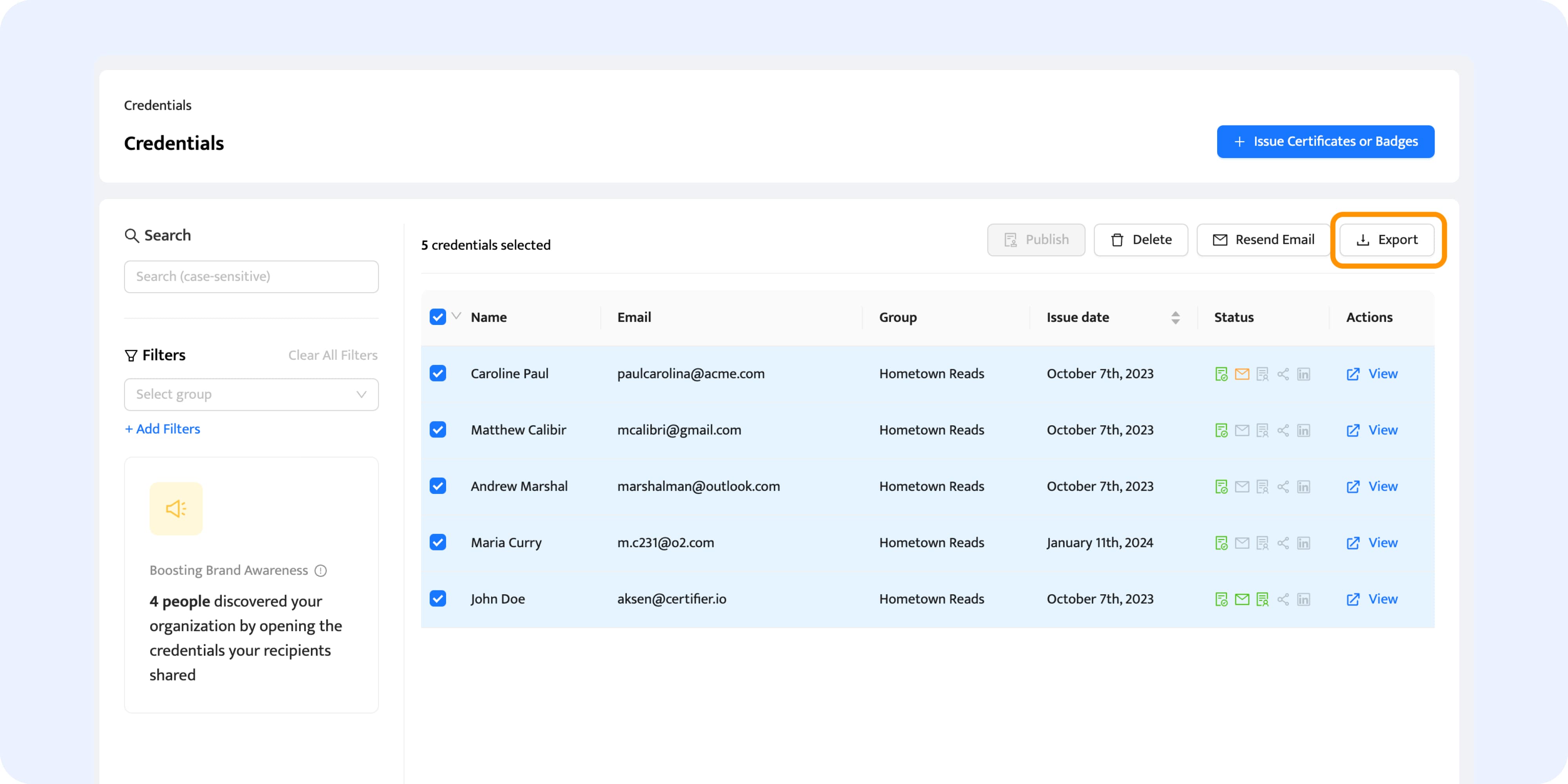 Bulk export in the Certifier dashboard. Bulk export in the Certifier dashboard.