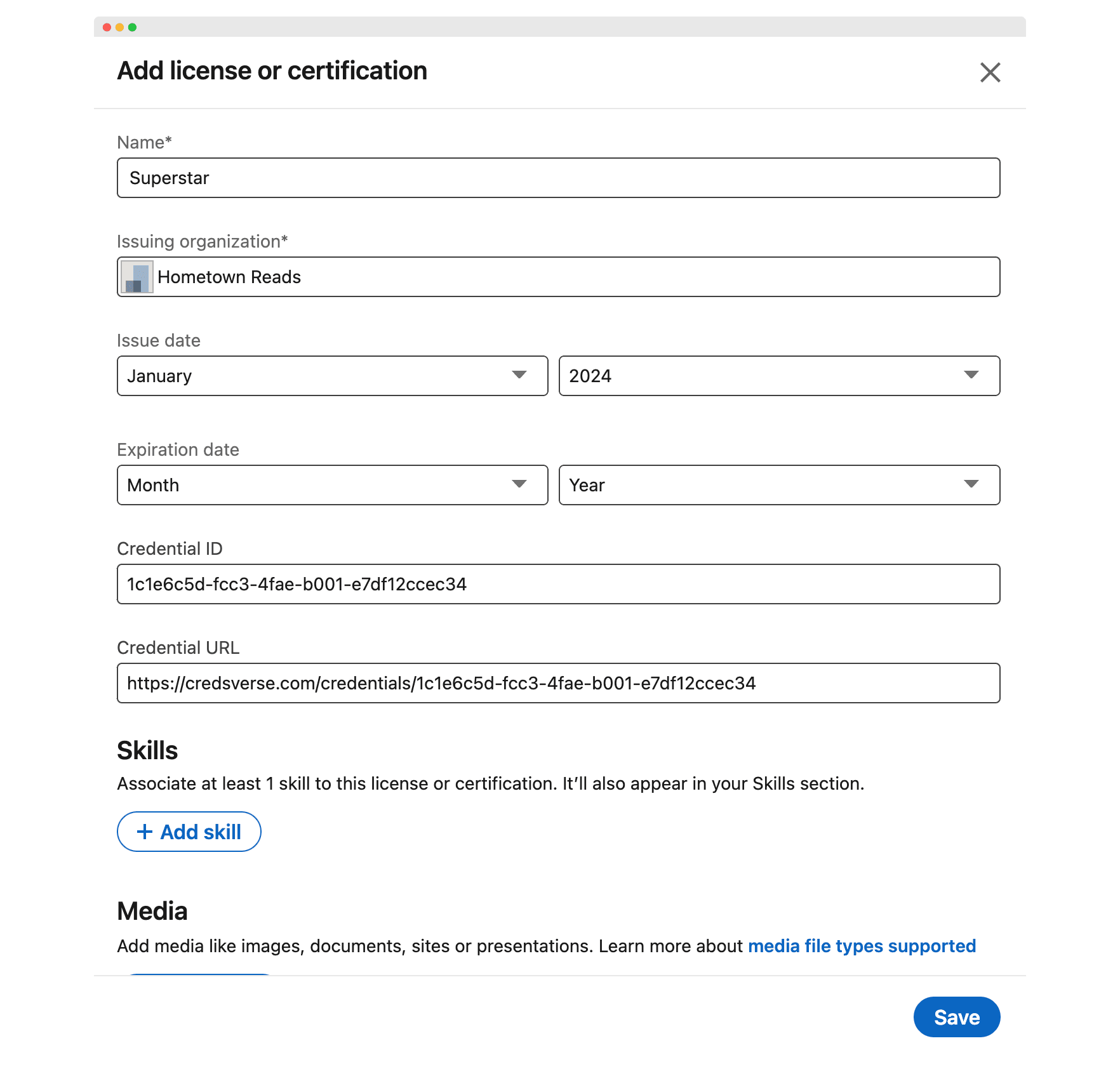 Filling out the info about the LinkedIn badge. Filling out the info about the LinkedIn badge.