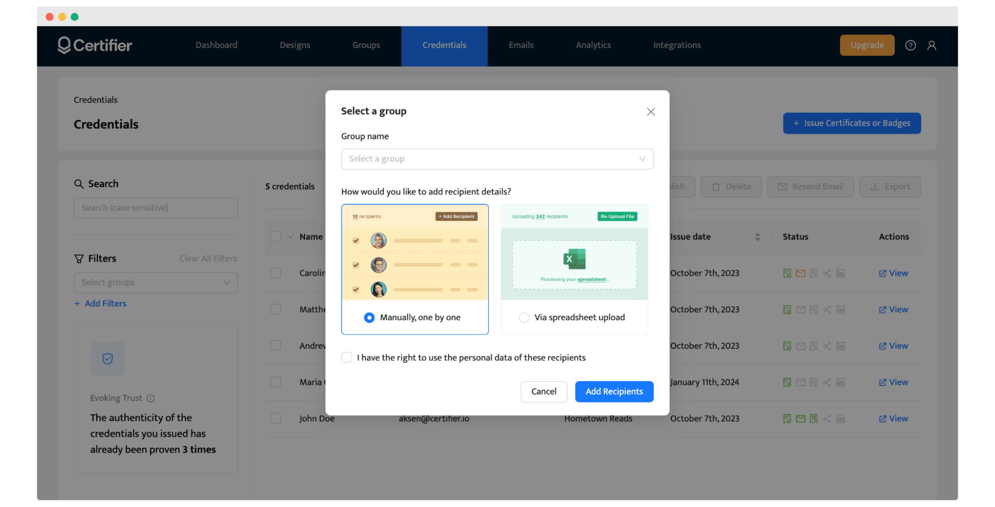 Uploading recipients data to make multiple certificates with different names. Uploading recipients data to make multiple certificates with different names.
